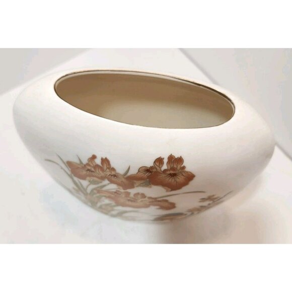 Vtg Japanese White with Gold Accents Oval Flat Vase Floral with Bird - Picture 2 of 12